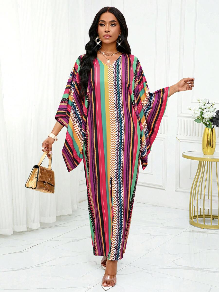 SHEIN Lady 四季连衣裙带袖女装复古波西米亚风优雅秋装秋季女装圣诞连衣裙工作低调休闲郊游海滩彩色编织V领蝙蝠袖新款长款秋装长款女装 - 彩色 - 查看 1