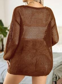 Calvaya Suéter de punto sólido con diseño calado, informal y de talla grande, para primavera, otoño e invierno - Marrón - Ver 2