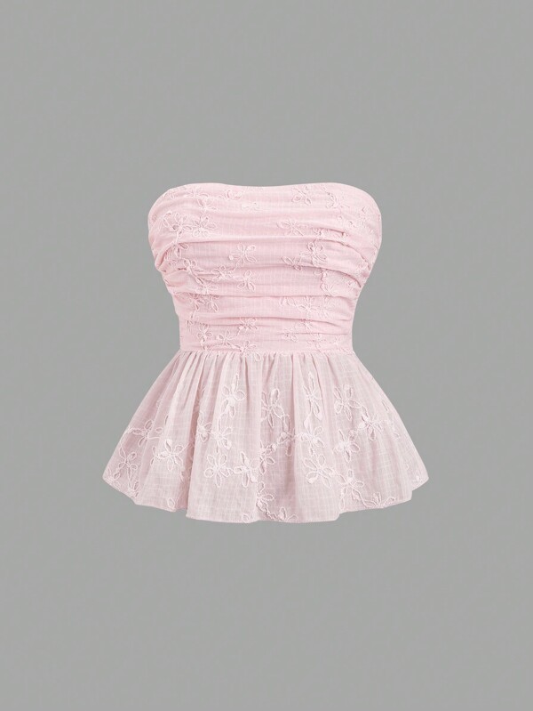 Sweetra Women's Summer Embroidered Shirred Tube Top Babydoll Top Y2K Outfit 