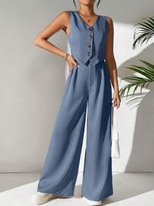 Chiquease 2 piezas Conjunto de chaleco corto liso y pantalones de traje con pierna ancha y plisada, para uso casual y de oficina en primavera y verano - Neblina azul - Ver 5