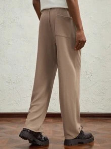 AKNOTIC Business Casual 男式针织松紧腰中腰直筒休闲裤 - 金属点缀，卡其色带字母