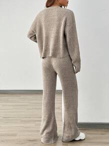 Chiquease Ribbed V-Neck Casual Solid Color Elegant Commute Fitted Knit Two-Piece Set - Apricot - View 2