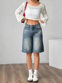 SHEIN Unity 女士纯色镂空不对称领长袖短款毛衣，春夏