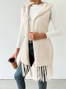 SHEIN Privé Women's Warm Fashion Fringed Hem Midi Cardigan With Fur Collar, Autumn/Winter - Apricot - View 4