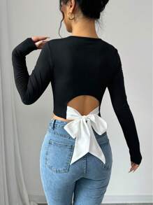 Chiquease Women's Contrast Color Bow Decor Long Sleeve T-Shirt Fall Cloth For Women - Black - View 4