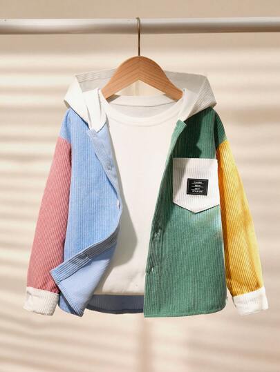 SHEIN Ung pojke Casual Trendig manchester Patchwork krage Långärmad vävd skjorta, lämplig för skola, trädgård, strand, födelsedag, vår sommar höst vinter