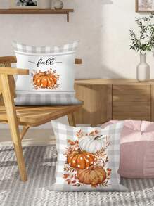 2 件秋季枕套，18*18 英寸水牛格子桉树叶波尔卡圆点白色和橙色南瓜秋季装饰靠垫套，农舍感恩节家居装饰品，适用于沙发客厅户外，枕套（无枕芯） - 橘色 - 查看 7
