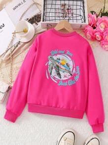 Tween Girls' Sea Turtle & Letter Print Crew Neck Long Sleeve Sweatshirt - Hot Pink - View 1