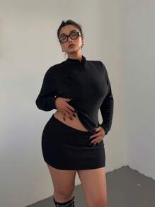 Flirla Plus Size Cheongsam Collar Button-Detailed Long Sleeve Fleece T-Shirt - Black - View 5