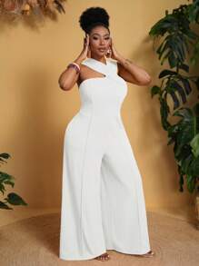 Veslaya Bộ đồ liền thân ống rộng rộng thùng thình mùa hè cho nữ cỡ lớn - trắng - Xem 3