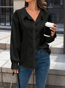 EMERY ROSE Solid Drop Shoulder O-Ring Back Shirt,Long Sleeve Tops Fall Cloth For Women - Black - View 4