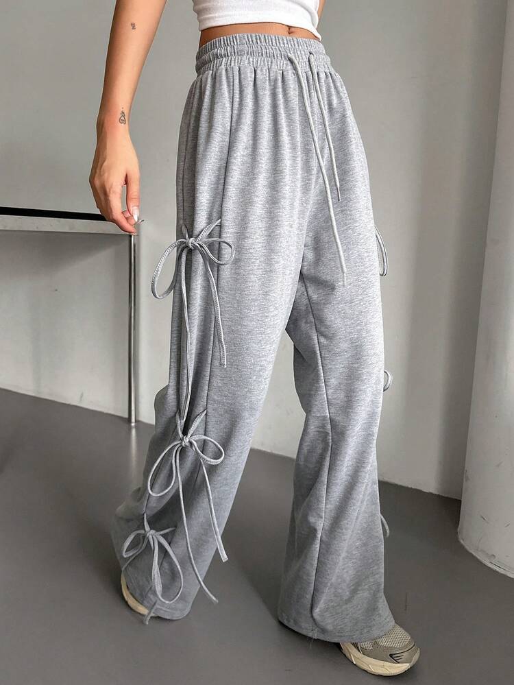 Women Solid Tie Bow Wide Leg Sweatpants