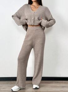 Chiquease Ribbed V-Neck Casual Solid Color Elegant Commute Fitted Knit Two-Piece Set - Apricot - View 4