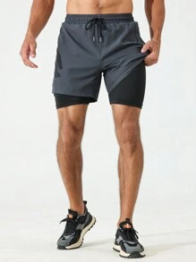 Manfinity Sport Corelite Boyfriend Style Men Drawstring Waist 2 In 1 Sports Stretchy Shorts With Phone Pocket Gym Shorts Grey Shorts - Dark Grey - View 5