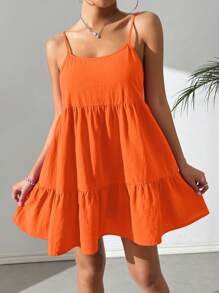 SHEIN EZwear Vestido casual de tirantes finos y espalda descubierta tipo babydoll color naranja para vacaciones