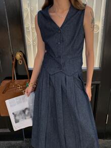 DAZY 女式纯色无袖修身 V 领背心和褶皱长裙牛仔套装，秋季服装 - 深色水洗藍 - 查看 4