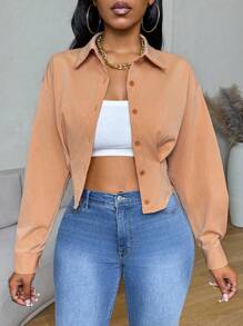 Zolique Women's Camel Autumn Elegant Office Solid Color Dropped Shoulder Long Sleeve Fitted Waist Short Shirt,Spring & Summer Texture Fabric Back To Work - Rust Brown - View 4