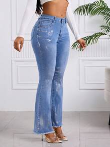 SHEIN SXY 女式口袋做旧下摆喇叭形时尚金箔装饰休闲牛仔裤 - 中等水洗藍 - 查看 1