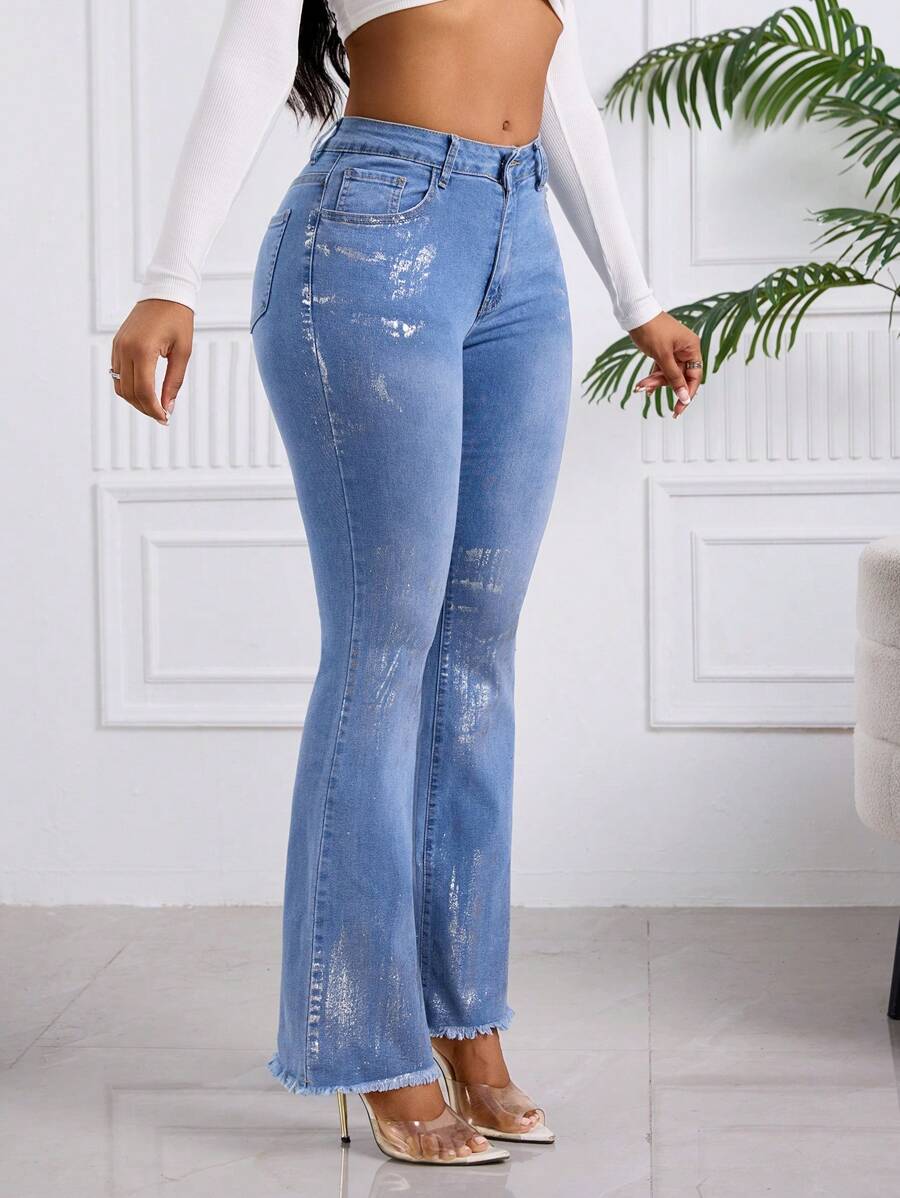 SHEIN SXY 女式口袋做旧下摆喇叭形时尚金箔装饰休闲牛仔裤 - 中等水洗藍 - 查看 1