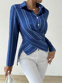 SHEIN Clasi Elegant Commute Striped Cross Strap Long Sleeve Blue Blouse For Women , Spring And Summer Fall Cloth For Women - Blue - View 4