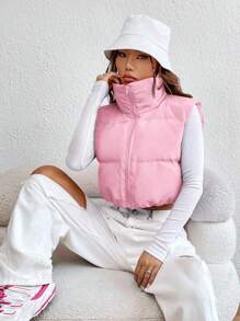 CovetEZ Women's Solid Color Zip-Front Short Padded Vest Jacket, Winter - Pink - View 4