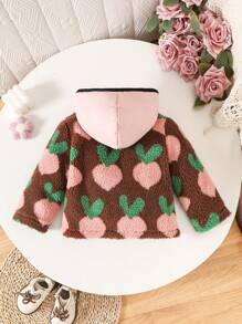 Toddler Girls Quilted Fruit Print Plush Jacket With Padded Hood, Warm Casual Winter Outerwear