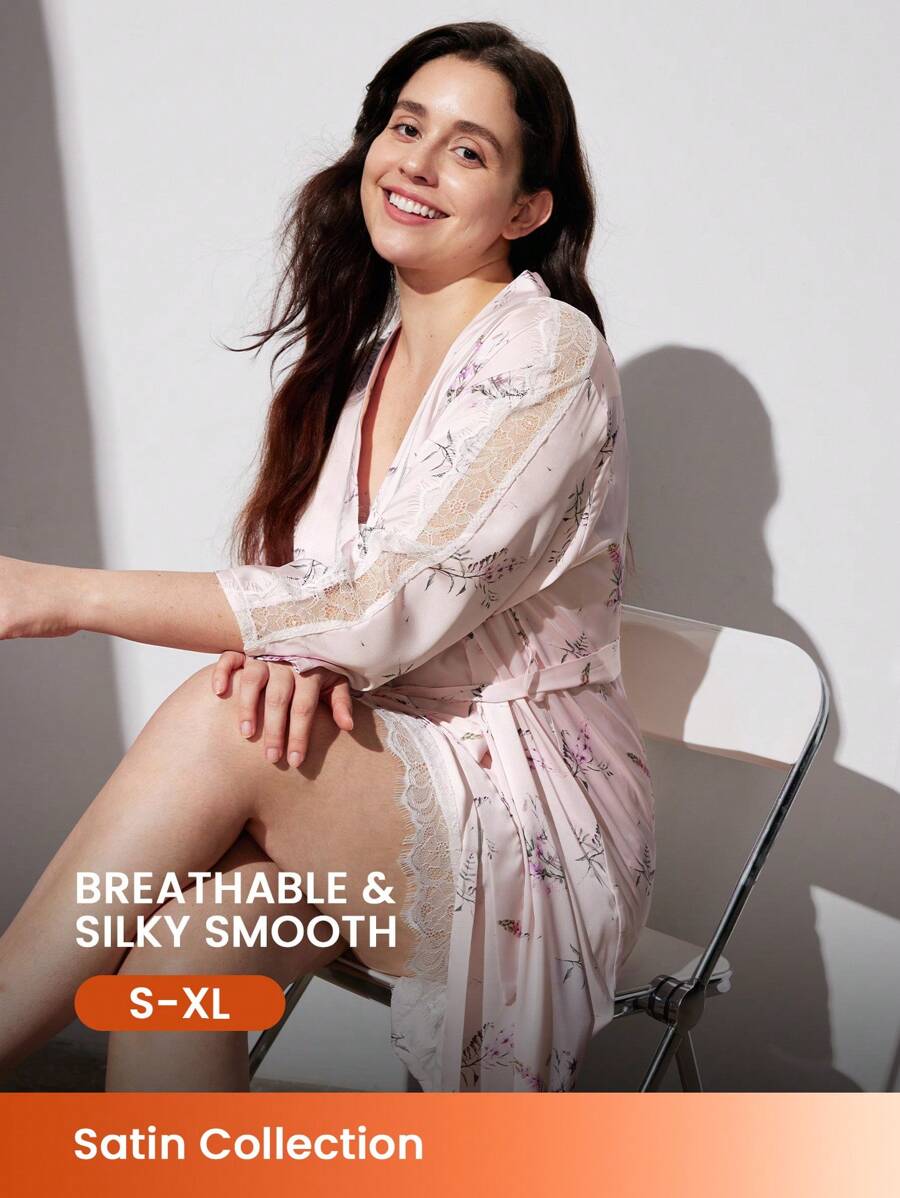 LUVLETTE 碎花缎面长袍伴娘女士浴袍睡袍浴袍睡袍女士内衣新娘内衣和睡衣