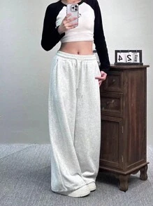 INAWLY Solva 女式纯色简约抽绳阔腿裤 - 灰色 - 查看 6