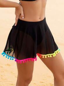 SHEIN Swim Women's Summer Beach Black Rainbow Pom Pom Embellished Hem Mesh Covered Bikini Bottoms