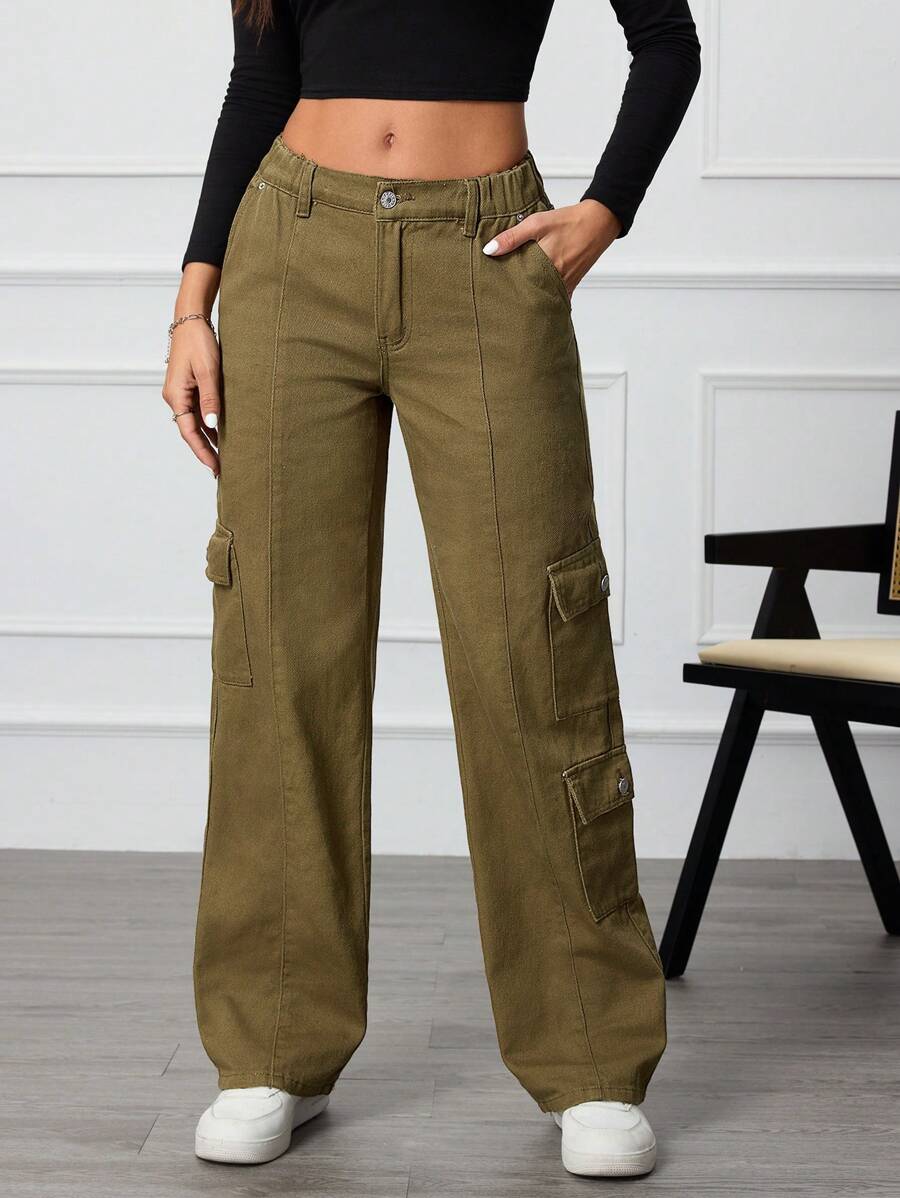 SHEIN Essnce Women's Cargo Pockets Wide Leg Loose Casual Denim Jeans