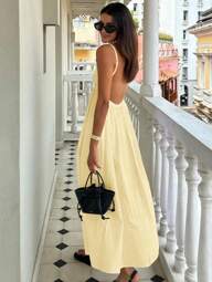 INAWLY Vestido de tirantes finos de unicolor con espalda descubierta para vacaciones de verano para mujer