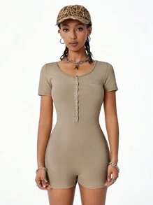 Muchica 女士秋夏街头装休闲运动运动粉色字母刺绣连体裤适合返校 - 棕色 - 查看 6