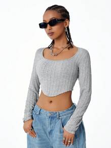 SHEIN Coolane Women's Fall Basic Streetwear Fashion Knit Cable-Knit Textured Fitted  Long Sleeves Grey Tee For Back To School