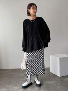 FRIFUL 女士格子直筒裙，铅笔裙，返校服装 - 黑與白 - 查看 2