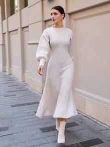 EURMUSE Women Baloon Sleeve And A-Lline Hem Detailed Maxi Sweater Dress - Beige - View 1