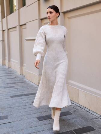 RueChic Damen Maxikleid mit Ballonärmel und A-Linie Saum Details