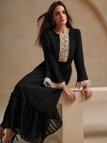 Anewsta 女士优雅刺绣串珠下摆 A 字长裙