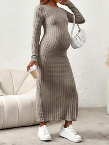 SHEIN Maternity Solid Simple Daily Round Neck Long Sleeve Slit Dress