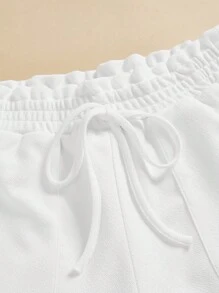 SHEIN Essnce Frill Trim Elastic Waist Pockets Split Hem Casual Pants, Summer - White - View 4
