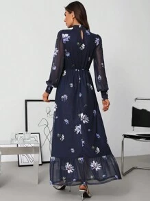 SHEIN Clasi Váy chiffon họa tiết hoa dành cho nữ có cổ và bo gấu, phong cách thanh lịch, nhẹ nhàng phù hợp cho kỳ nghỉ xuân, hè, thu, đông, bãi biển, thời trang dạo phố - Màu xanh hải quân - Xem 2