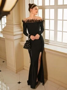 SHEIN Feather Tassel Patchwork Off-Shoulder High Waist Long Sleeve Split Maxi Summer Dress, Elegant Black Long Gown For Teenage Girls - Black - View 4
