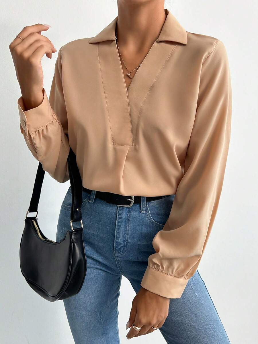EURMUSE V-collar Lantern Sleeve Solid Top - Apricot - View 1
