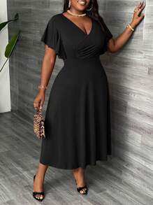 Slaydiva Vestido midi tipo A con fruncidos, cuello cruzado y mangas con volantes para mujer talla grande, elegante y para fiestas y uso diario - C - Negro - Ver 4