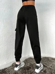 Cottnline Drawstring Waist Flap Pocket Joggers - Black - View 2