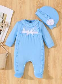 2件套新生女宝宝荷叶边蕾丝连体衣和帽子，春夏秋季 - 藍色 - 查看 1