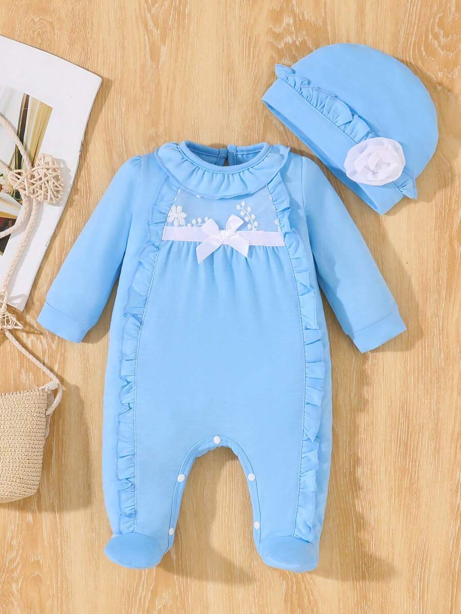 2件套新生女宝宝荷叶边蕾丝连体衣和帽子，春夏秋季 - 藍色 - 查看 1