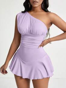 VaVaBold 1pc Women's Solid Asymmetrical Neckline Ruffle Hem Sleeveless Jumpsuit - Purple - View 5