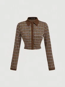 SHEIN MOD 棕色千鸟格拼色复古风格女式秋冬上衣、格子衬衫、返校秋季服装秋季女式衬衫服装长袖女式