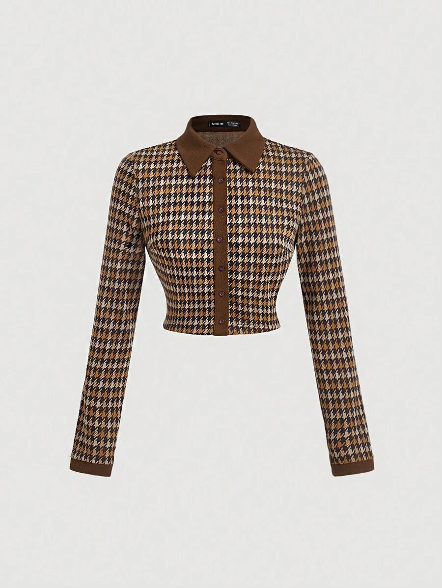 SHEIN MOD 棕色千鸟格拼色复古风格女式秋冬上衣、格子衬衫、返校秋季服装秋季女式衬衫服装长袖女式