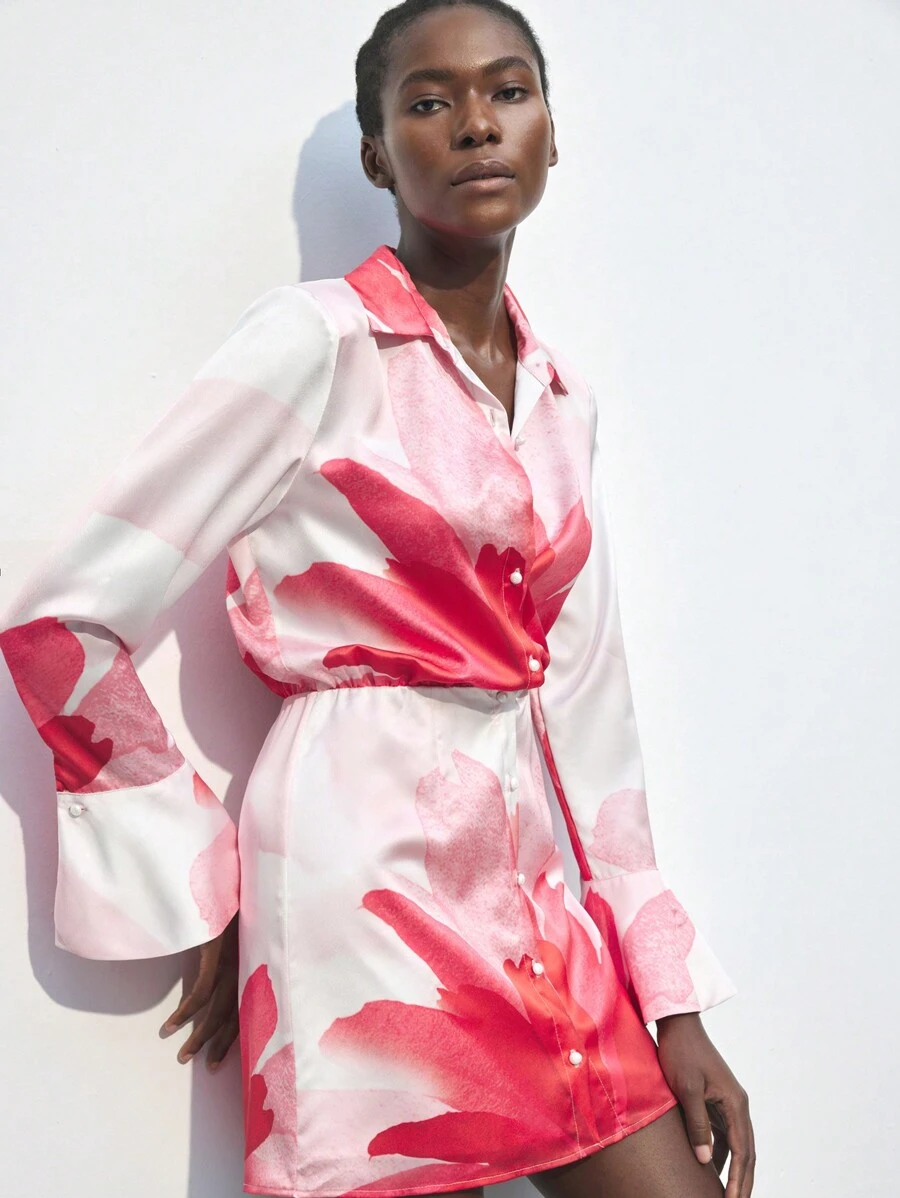 Maija Váy sơ mi thanh lịch tay loe họa tiết hoa cho nữ, mùa thu - Hồng - Xem 1